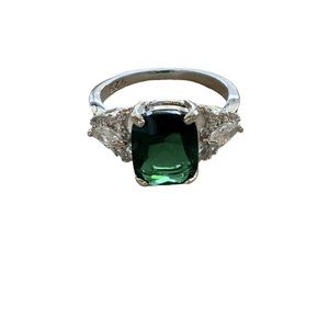 Simulated Emerald and CZ Ring 925 Silver Size 6